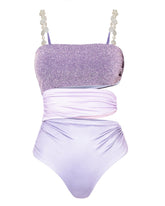 Pearl Shoulder Strap Cutout Shiny Texture One Piece Swimsuit and Skirt
