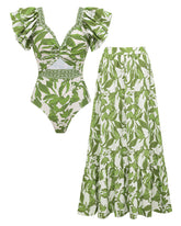 Ruffle V Neck Green Print Cut Out Swimsuit Set(s)