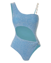 Pearl Shoulder Strap Cutout Shiny Texture One Piece Swimsuit