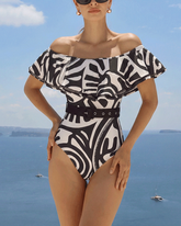 Off Shoulder Black Retro Printed Swimsuit Set(s)