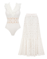 Ruffle White Laser Cutting Flower Hollow Swimsuit Set(s)