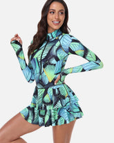 One-Piece Long Sleeve Ruffle Skirt Swimsuit