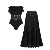 Ruffle Black Laser Cutting Flower Hollow Swimsuit Set(s)