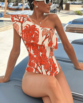 One Shoulder Ruffle Plant Print Swimsuit Set(s)