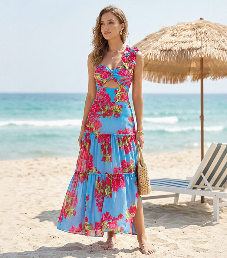 Ruffle Removable Shoulder Strap Pink Bougainvillea Flower Printed One Piece Swimsuit and Skirt Flaxmaker	