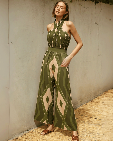 Halter Neck Geometric Pattern Print One Piece Swimsuit and Pants