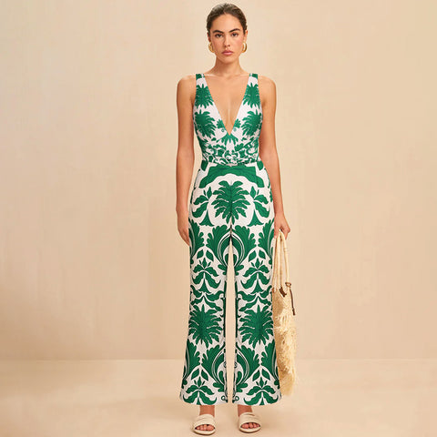 V Neck Green Printed Knotted at Waist Tummy Control One piece Swimsuit and Skirts or Pants	