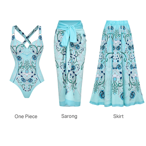 Sling Blue Jewelry Series Pattern Print One Piece Swimsuit and Skirt or Sarong	