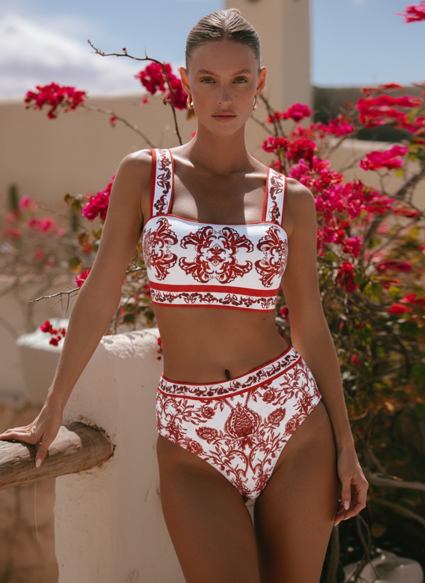 Red Flower Totem Pattern Print Bikini and Skirt	
