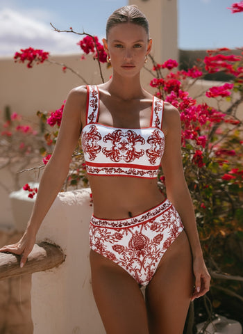 Red Flower Totem Pattern Print Bikini and Skirt	
