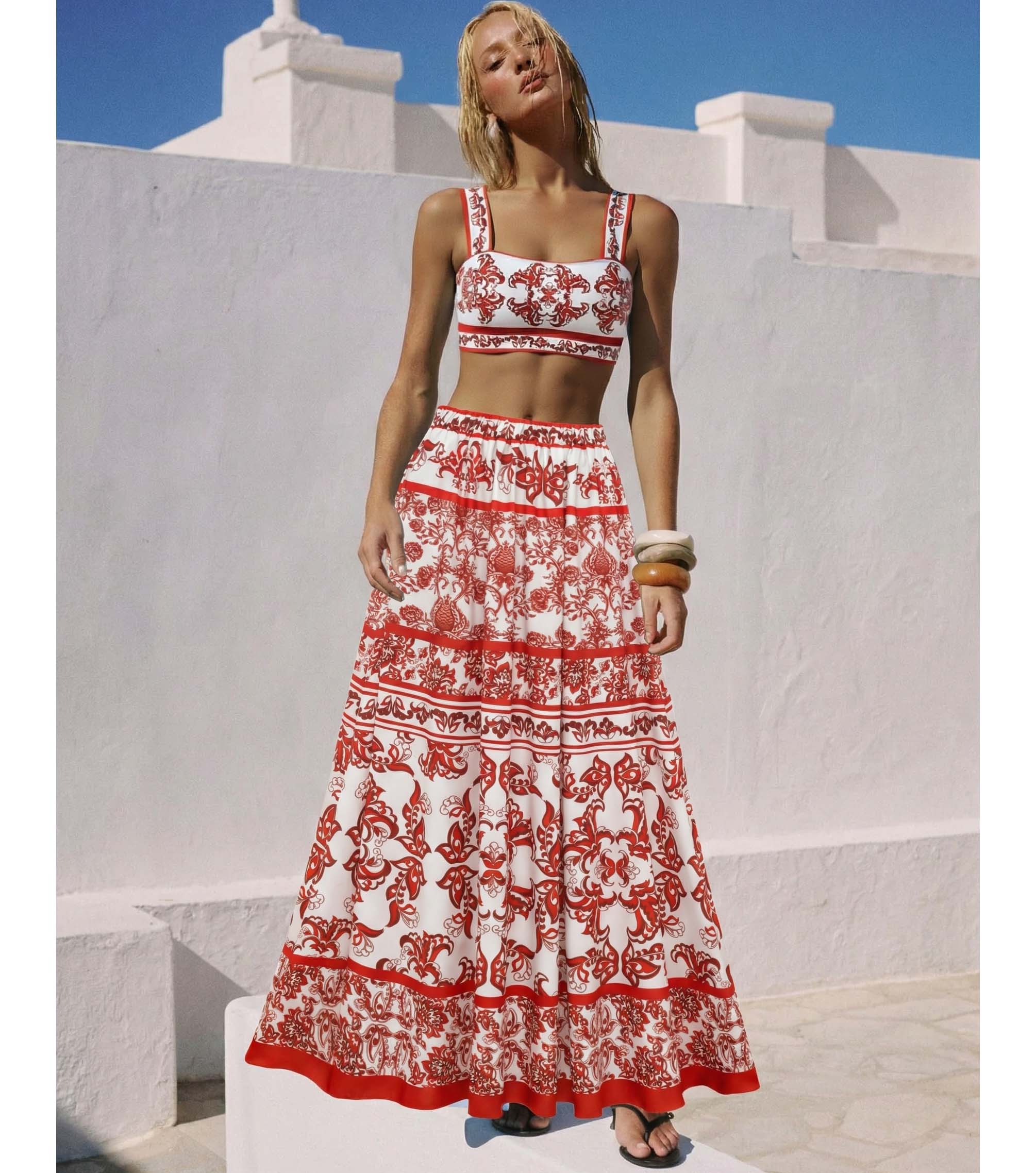 Red Flower Totem Pattern Print Bikini and Skirt	