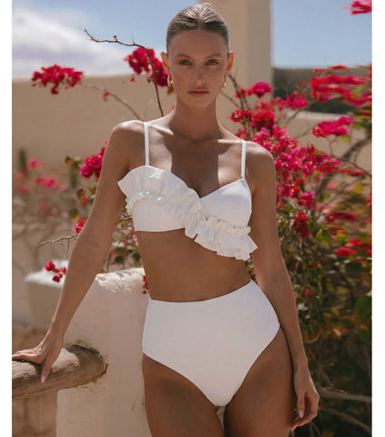 Ruffled Detail White High Waist Bikini Swimsuit and Sarong
