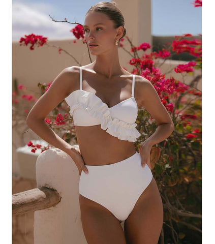 Ruffled Detail White High Waist Bikini Swimsuit and Sarong