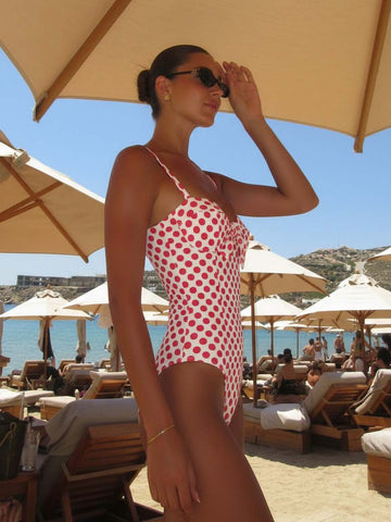 Bowknot Polka Dot Print One Piece Swimsuit and Skirt	