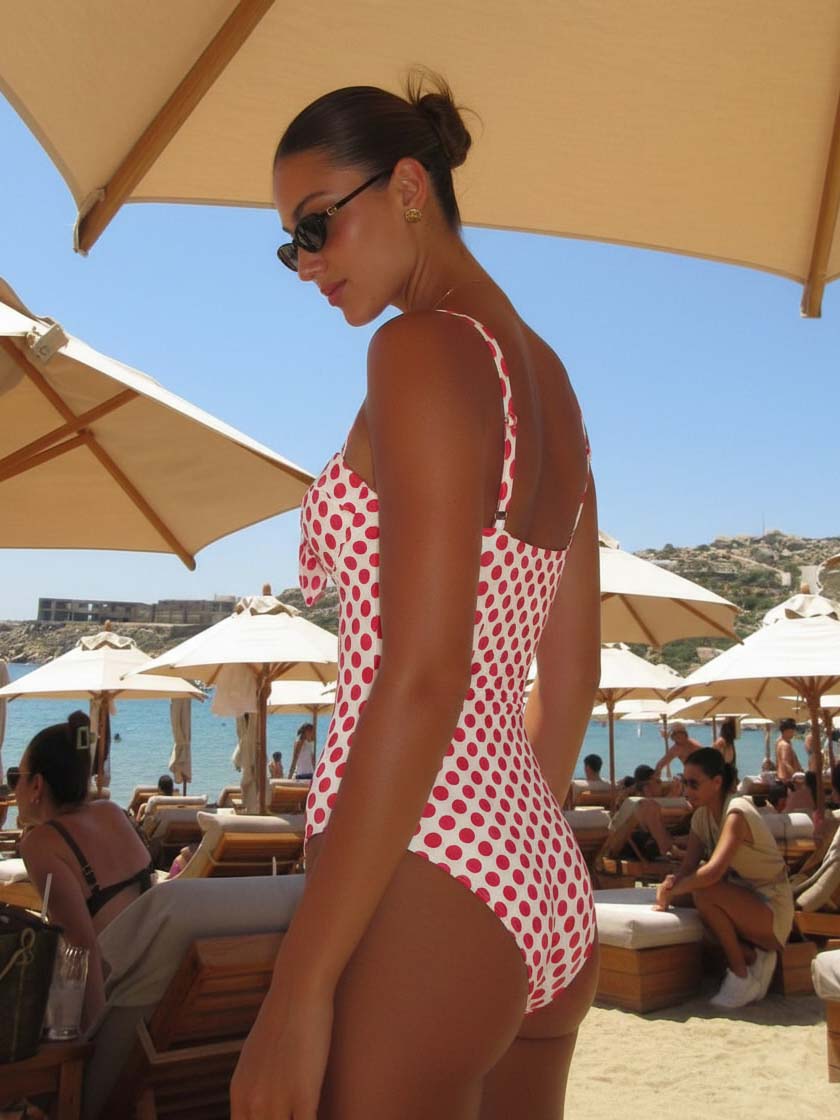 Bowknot Polka Dot Print One Piece Swimsuit and Skirt	