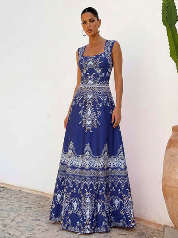 Royal Blue Baroque Print One Piece Swimsuit and Skirt	