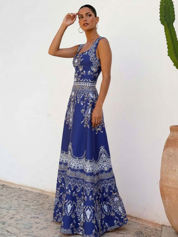 Royal Blue Baroque Print One Piece Swimsuit and Skirt	