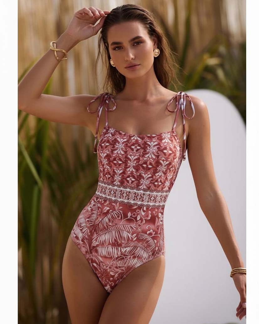 Tie-up Retro Forest Print One Piece Swimsuit and Skirt	