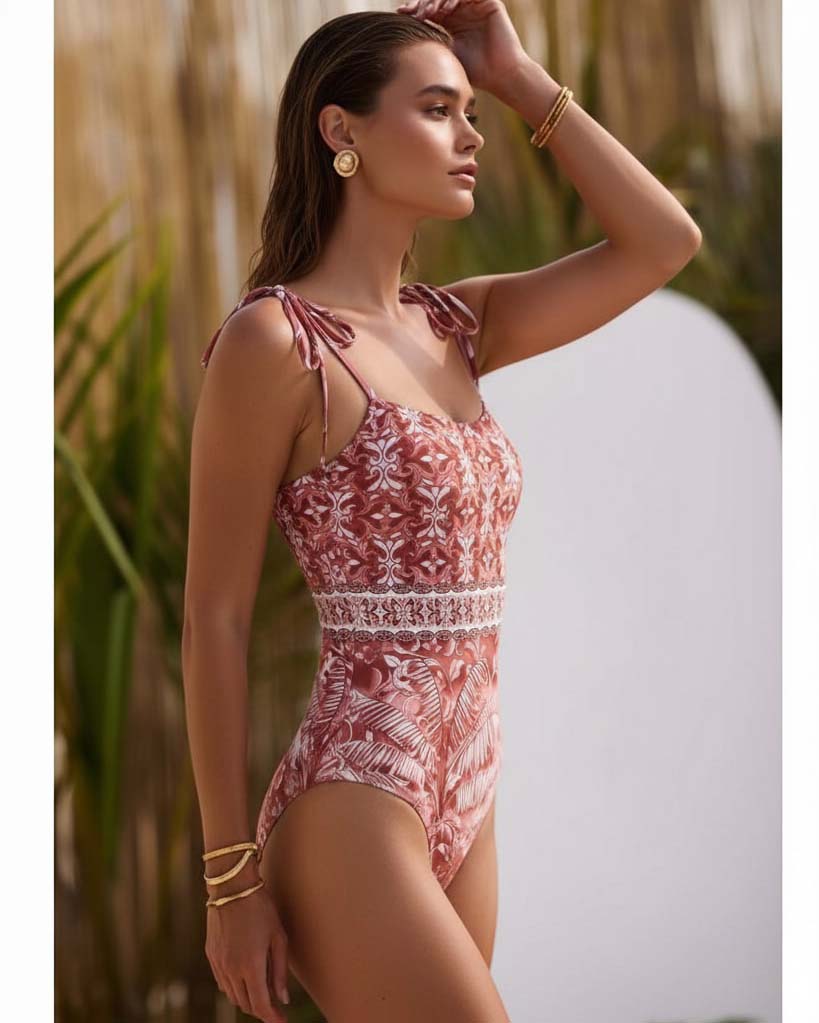 Tie-up Retro Forest Print One Piece Swimsuit and Skirt	