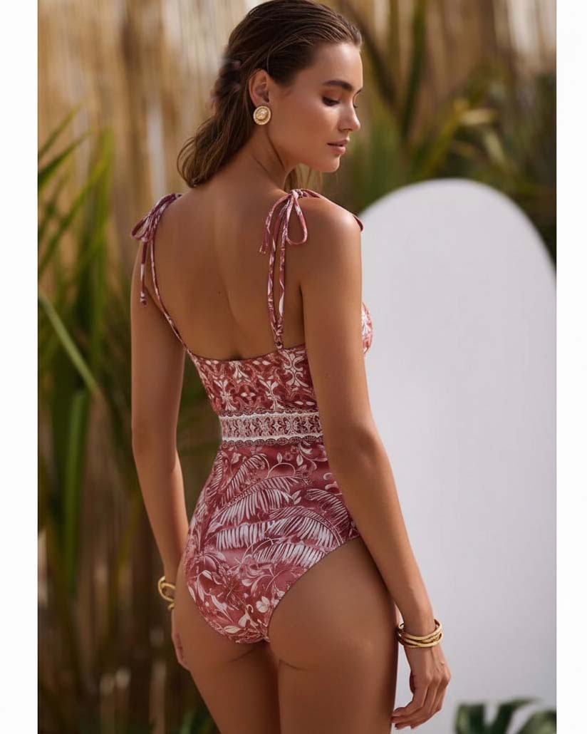 Tie-up Retro Forest Print One Piece Swimsuit and Skirt	