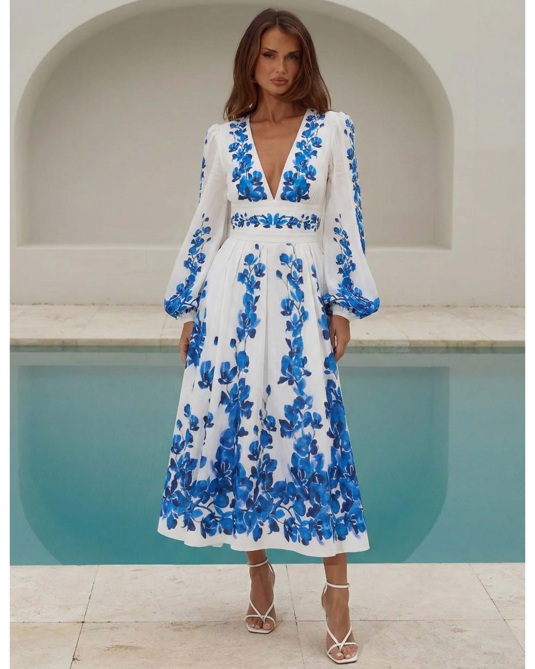Printed Long-sleeved One Piece Swimsuit and Skirt	