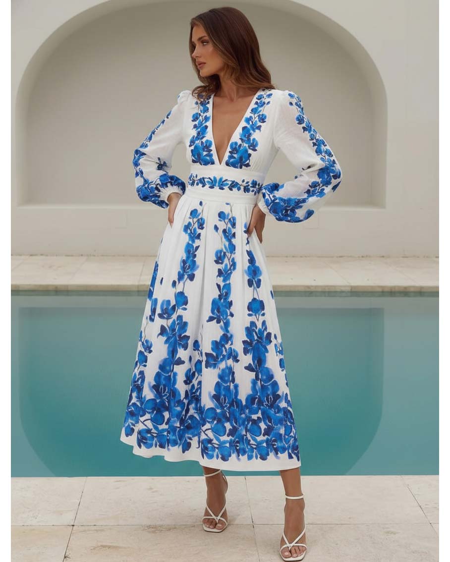 Printed Long-sleeved One Piece Swimsuit and Skirt	