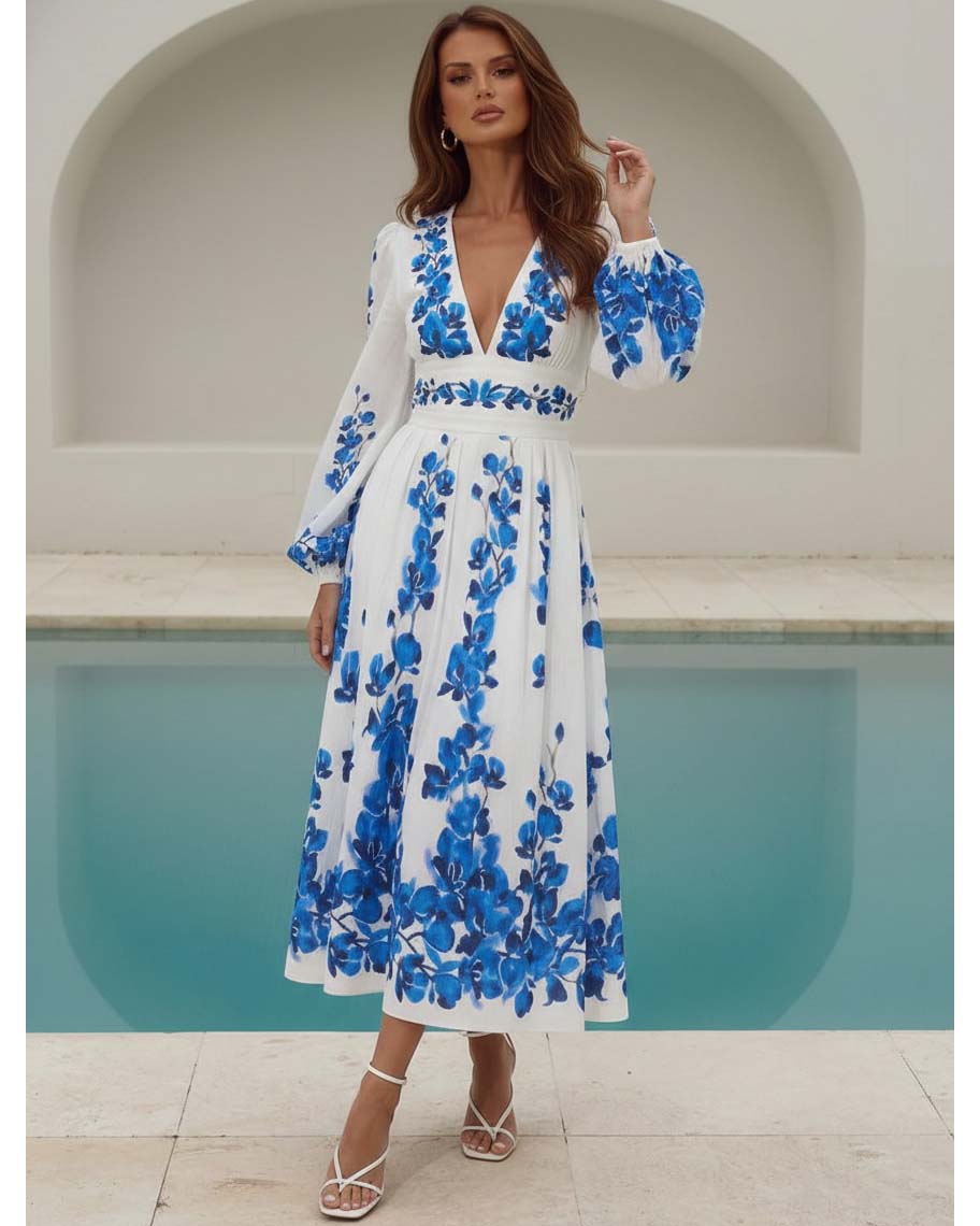 Printed Long-sleeved One Piece Swimsuit and Skirt	