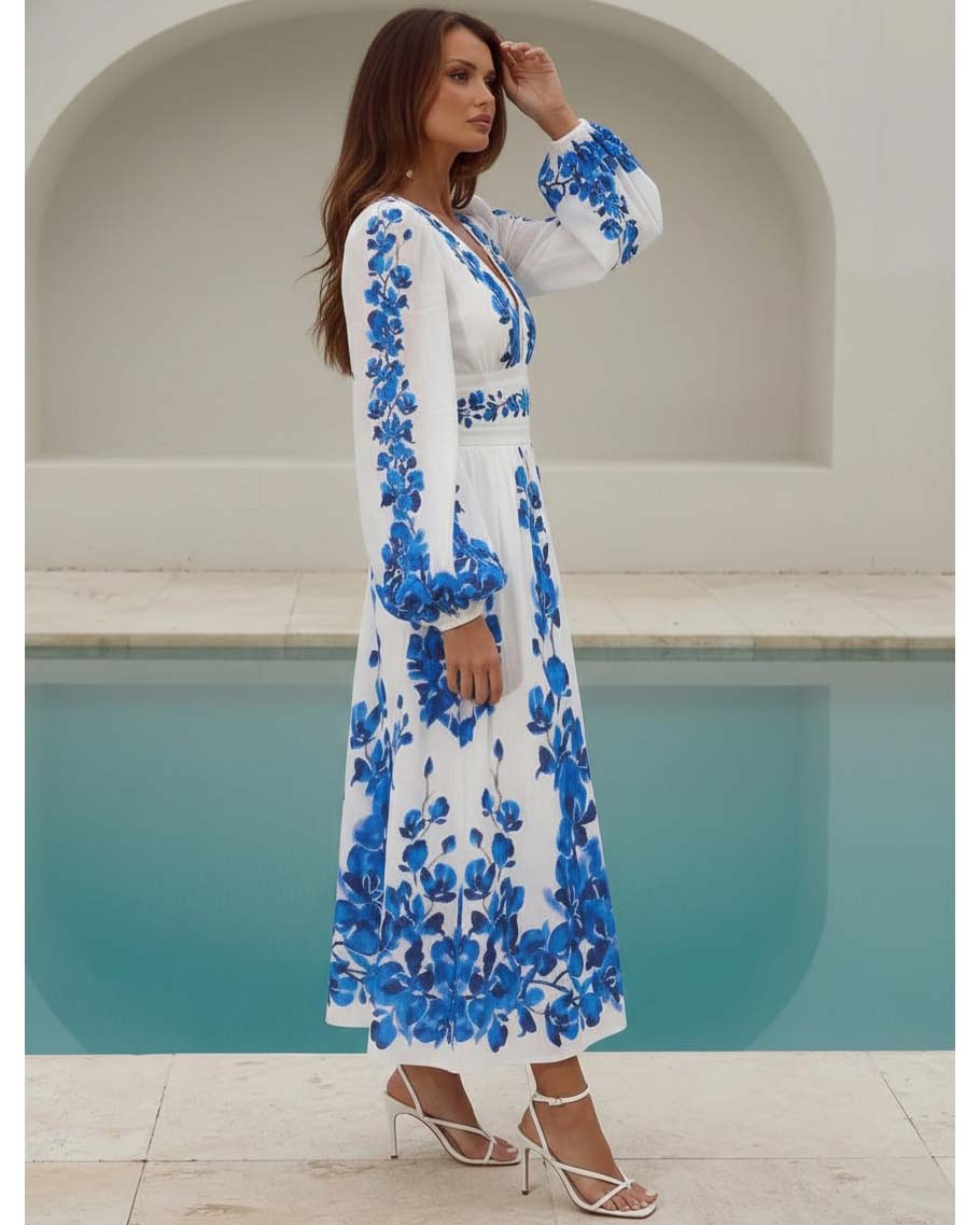 Printed Long-sleeved One Piece Swimsuit and Skirt	