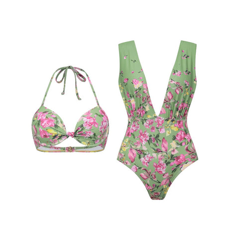 Floral Top & Plunging Ruched Swim Set and Skirt	