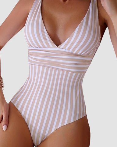 Striped Plunging Neck Bust Shaper One Piece Swimsuit