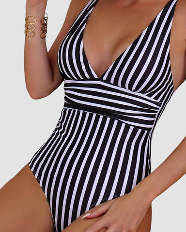 Striped Plunging Neck Bust Shaper One Piece Swimsuit