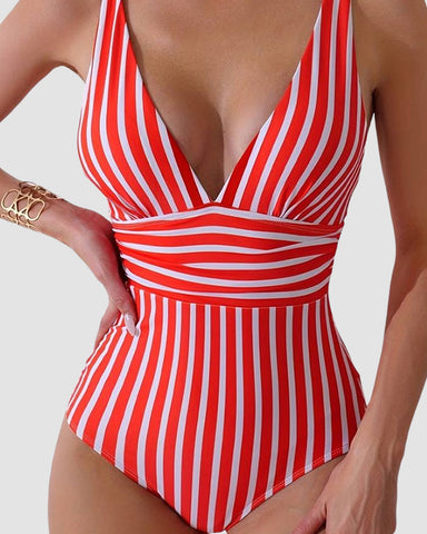 Striped Plunging Neck Bust Shaper One Piece Swimsuit