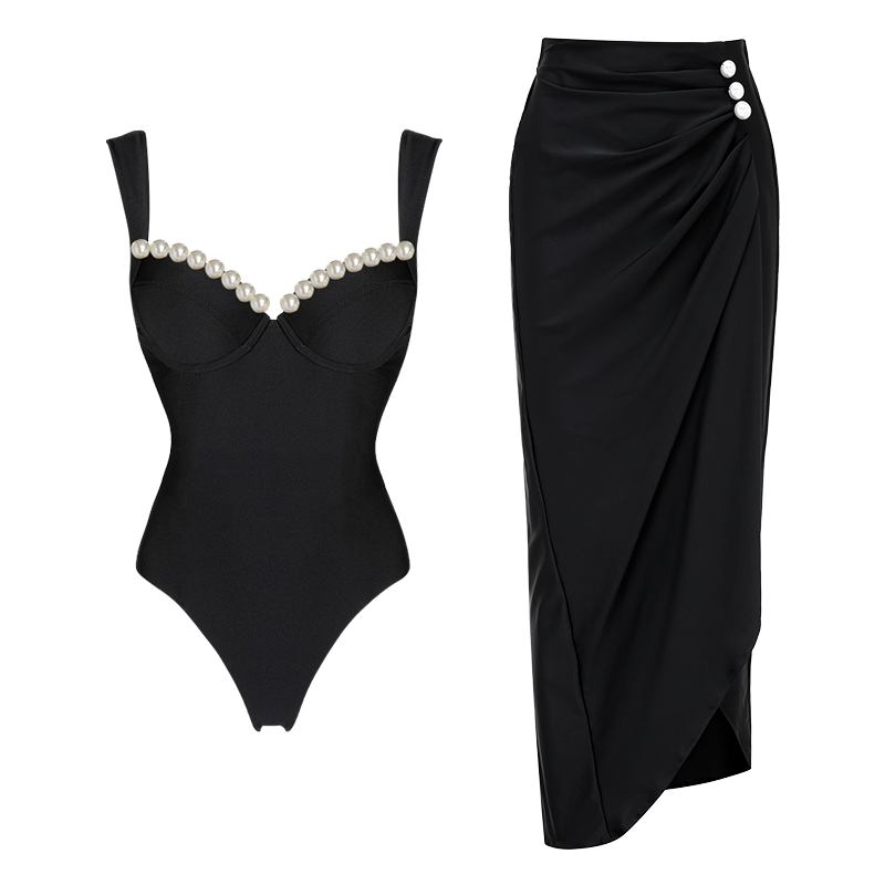 Artificial Pearl One Piece Swimsuit and Skirt