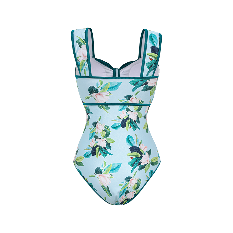 Bow Decor Mangnolia Print One Piece Swimsuit and Skirt	