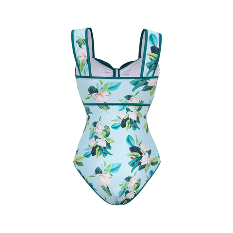 Bow Decor Mangnolia Print One Piece Swimsuit and Skirt	