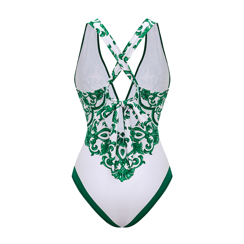 V Neck Classic Majolica Series Pattern Print One Piece Swimsuit and Pants or Skirt	