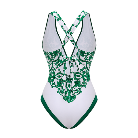 V Neck Classic Majolica Series Pattern Print One Piece Swimsuit and Pants or Skirt	