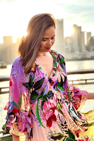 Ruffle V Neck Blossom Printed Dress