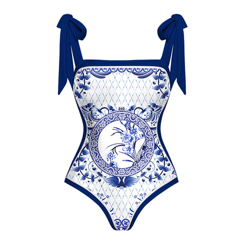 Reversible Tie-shoulder One Piece Swimsuit and Sarong