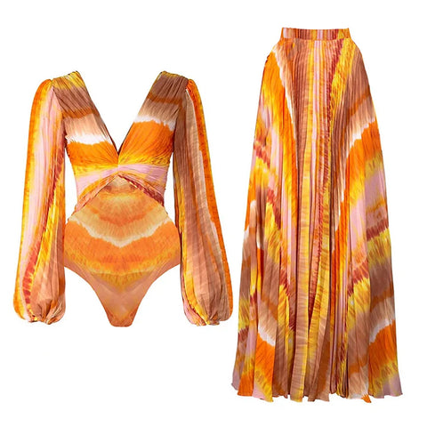 V Neck Chiffon Long Sleeve Orange One Piece Swimsuit and Skirt
