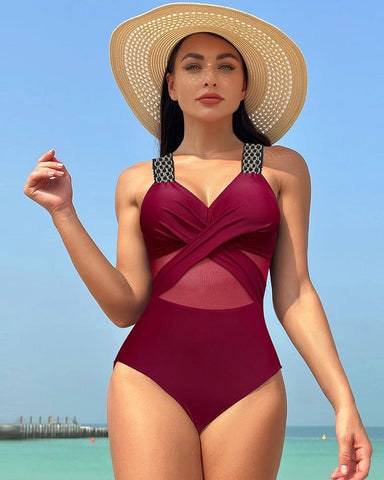 One Piece Swimsuit V Neck Sling Gauze Swimwear