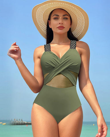 One Piece Swimsuit V Neck Sling Gauze Swimwear