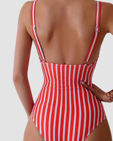 Striped Plunging Neck Bust Shaper One Piece Swimsuit