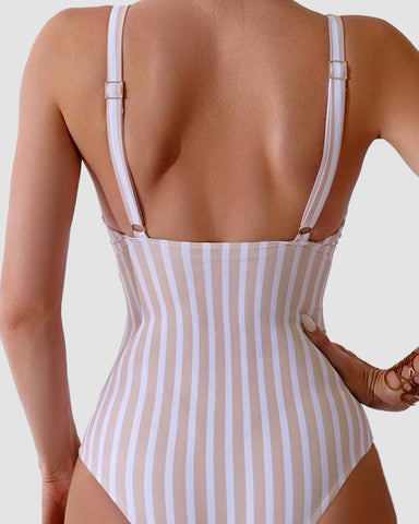 Striped Plunging Neck Bust Shaper One Piece Swimsuit