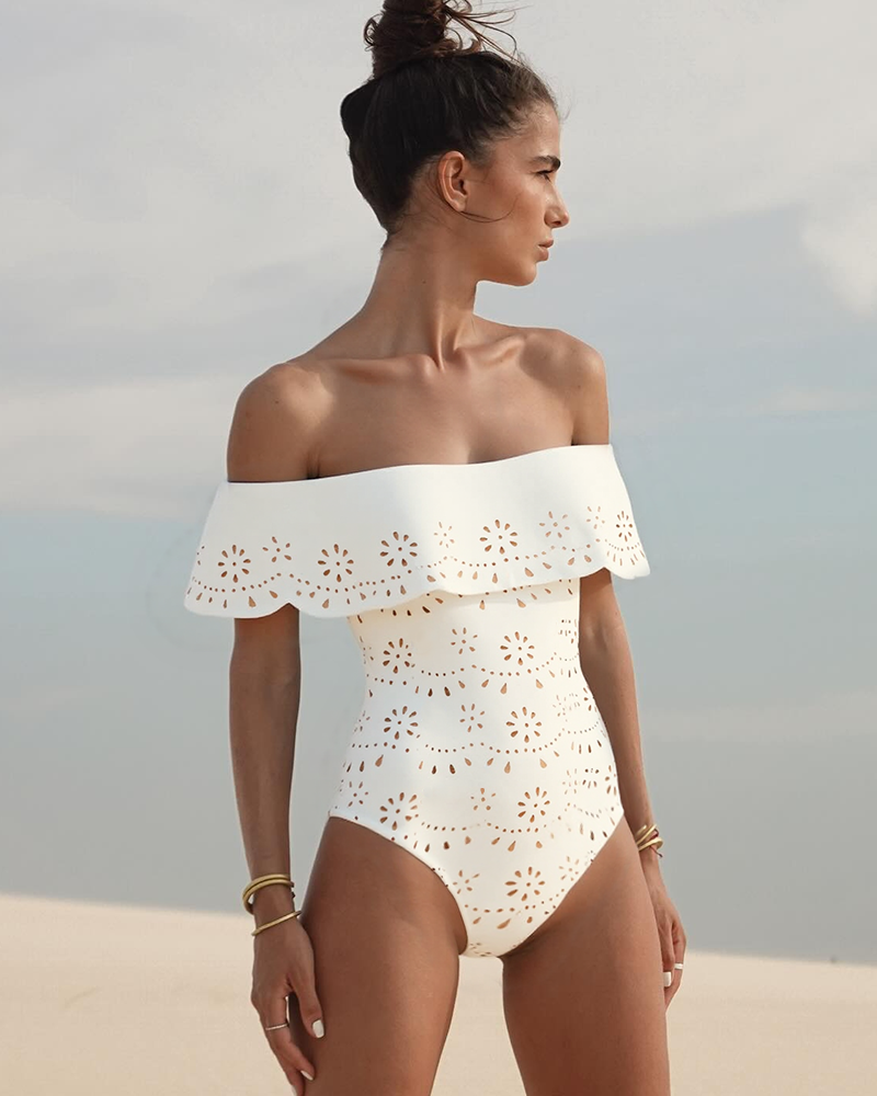 Laser black Hollow Out One Piece Swimsuit and Skirt	