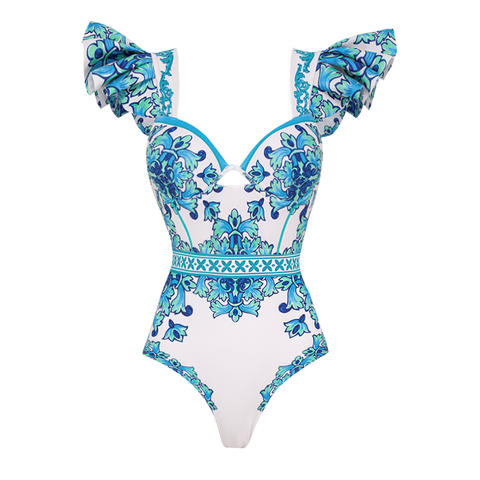 Ruffle Majolica Print One Piece Swimsuit and sarong or Pants