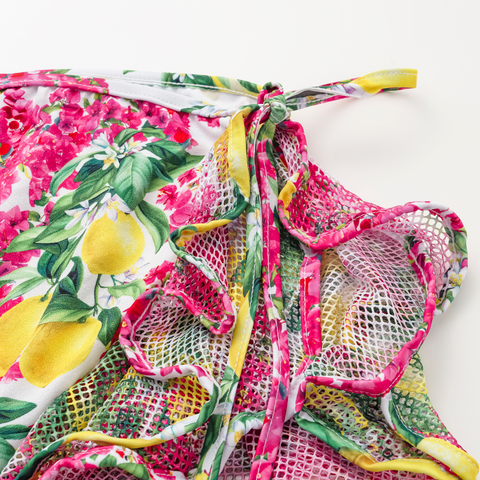 Bandeau Ruffled Lemon Floral Print One Piece Swimsuit and Mesh Splicing Sarong