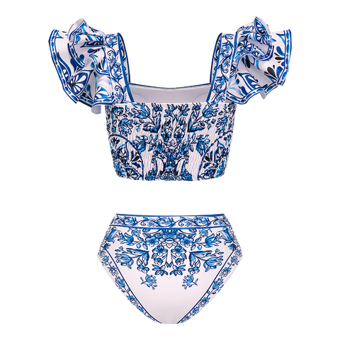 Ruffle Blue and White Porcelain Pattern Majolica Print Bikini Swimsuit and Skirt or Sarong	