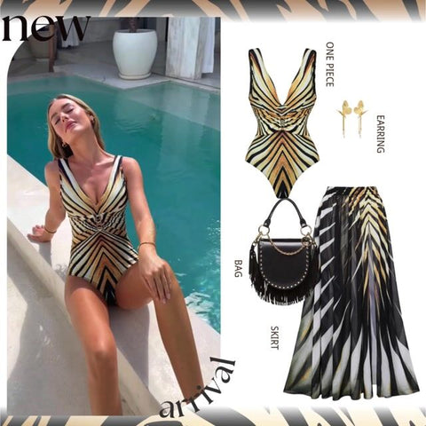 V-neck Tiger Stripe Print One Piece Swimsuit and Skirt	