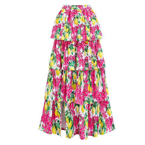 Bandeau Ruffled Lemon Floral Print One Piece Swimsuit and Mesh Splicing Sarong